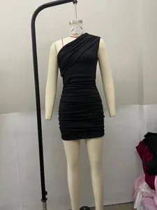 Elegant black one-shoulder ruched bodycon mini dress featuring a flattering slim fit.