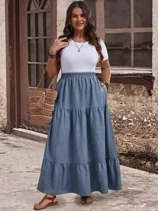 Women's plus size tiered denim blue maxi skirt for casual summer vacation outfits