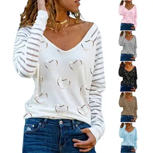 Women's V-neck long sleeve top with heart print and striped sleeves in multiple colors