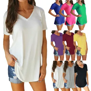Loose V-neck women's short sleeve T-shirt with curved hem in multiple solid colors