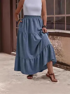 Stylish casual blue denim-look tiered maxi skirt with elastic high waist and pockets