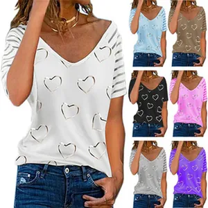Detailed view showing multiple color options of women's heart print V-neck T-shirt.