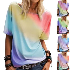 Women's short sleeve T-shirt with pastel rainbow gradient color and loose fit style