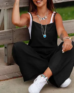 Close-up detail of women's black sleeveless ice silk wide-leg jumpsuit styled for casual wear