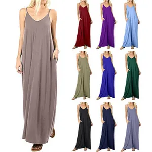 Full length view of casual sleeveless maxi dress with pockets in multiple colors