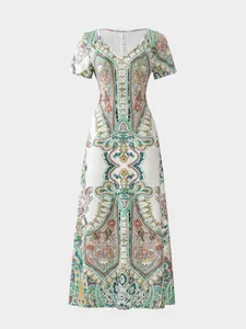 High quality detail view of a vintage paisley print V-neck short sleeve maxi dress