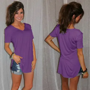 Women's V-neck loose purple short sleeve T-shirt featuring a stylish curved hem design