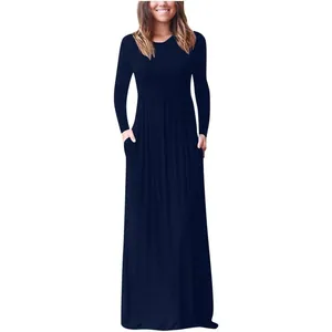 Elegant navy blue long sleeve crew neck maxi dress with side pockets for autumn