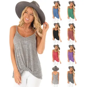 Detailed view of women's loose V-neck camisole tank top with front knot detail