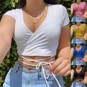 Sexy women's wrap V-neck short sleeve crop top with waist ties in multiple colors