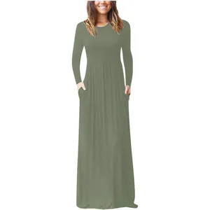 Olive green long sleeve round neck maxi dress with side pockets and pleated waist