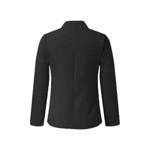 Detailed back view of a classic black solid color blazer for women, long sleeve