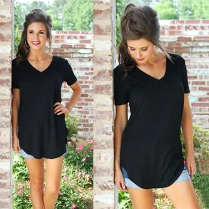 Loose-fit black V-neck short sleeve T-shirt for women with casual curved hem design