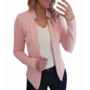 Elegant women's pink slim fit blazer jacket with open front design solid color cardigan