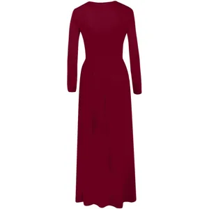 Back view of an elegant burgundy long-sleeved round neck maxi dress for autumn and winter