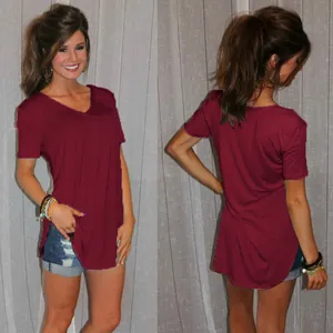 Macro view showing the front and back of this burgundy V-neck loose T-shirt with curved hem