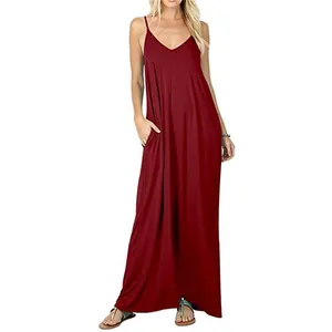 Detailed view of a wine red sleeveless maxi dress featuring functional side pockets