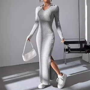 Women Casual Ribbed Knit Polo Collar Long Sleeve Maxi Dress Slim Fit Slit Hem Cotton Blend Solid Color Elegant Commuting Dress