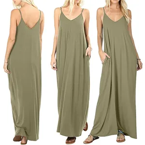 Front and back views of a casual olive green maxi dress with spaghetti straps and pockets