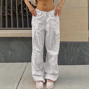 Damen Casual Cargohose Einfarbig Locker Streetwear Polyester Schnelltrocknend Kordelzug Multi-Pocket Unterteil Sporthose