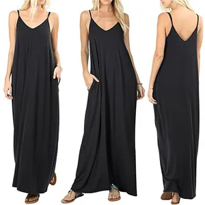 Detailed views of women's black loose sleeveless maxi dress with V-neck and pockets