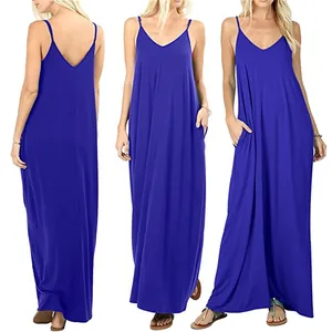 Detailed view of women's solid royal blue loose sleeveless maxi dress with side pockets.