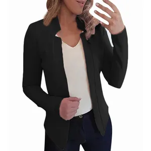Elegant women's black open front blazer cardigan jacket with a minimalist collar design