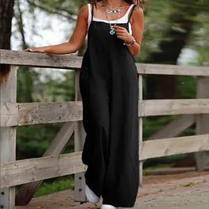 Combinaison Femme Sans Manches Couleur Unie Décontractée Jambe Large Romper Avec Poches Combinaison Minimaliste En Polyester Pour Sortie Été