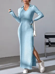 Elegant light blue ribbed knit maxi dress featuring a side slit and a polo collar.