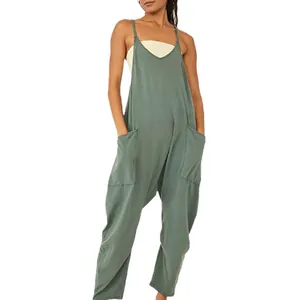 Relaxed fit solid color jumpsuit with spaghetti straps and large side pockets for women