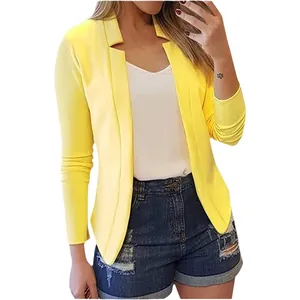 Women's slim fit yellow blazer jacket with notched lapel and open front cardigan style