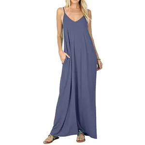 Detailed view of a loose sleeveless maxi dress featuring convenient side pockets