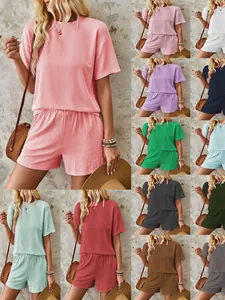 Women Casual Spandex Polyester Wave Texture Round Neck Short Sleeve Top And Bottom Elastic Waist Shorts Two Piece Set