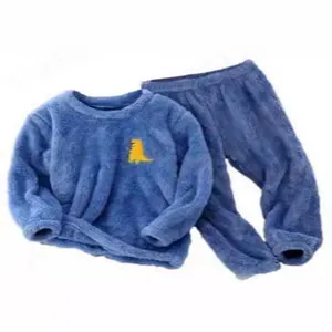 Blue children flannel pajamas set with cute yellow dinosaur embroidery cartoon design