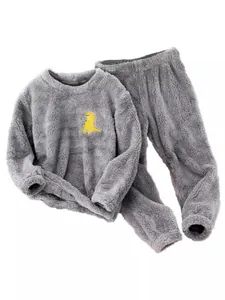 Cozy grey flannel pajama set for kids featuring a cute yellow dinosaur embroidery