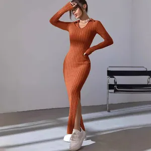 Chic rust orange ribbed knit maxi dress with polo collar and a sexy high side slit