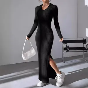 Elegant black ribbed long-sleeve bodycon maxi dress with side slit for women 2024