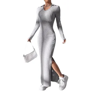 Elegant grey ribbed knit long sleeve bodycon maxi dress with collar and side slit