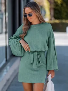 Vestito a Costine in Maglia a Maniche Lunghe Donna Elegante Girocollo Mini Abito Bodycon Con Cintura Tinta Unita Autunno Inverno