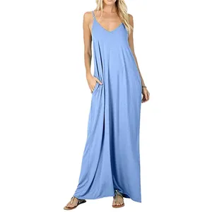 Lichtblauwe losse mouwloze maxi-jurk met V-hals en zakken voor een casual look