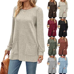 Maglione Casual da Donna a Costine Lunga Linea Girocollo Manica Lunga Pullover Con Tasche Tinta Unita Maglieria Autunno Inverno Top