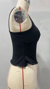 Detailed side view of a black slim-fit cropped camisole top on a mannequin torso.