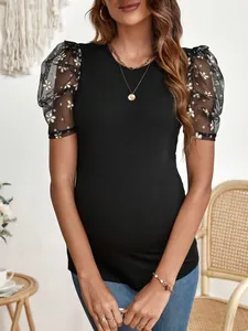 Damen Sommer Slim Fit Rundhals T-Shirt Elegant Netz Patchwork Blumenstickerei Puffärmel Top Lässig Polyester Tee