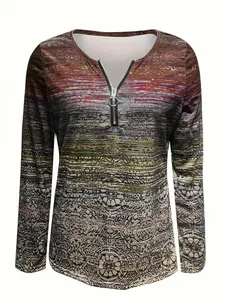 Close-up detail of women's slim fit gradient long-sleeve top with stylish zipper V-neckline