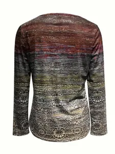 Back view of women's long-sleeved top with gradient colors and intricate patterns