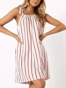Sleeveless white and red striped summer dress for women with elegant bow-tie shoulder straps