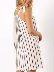 Summer white and black vertical striped sleeveless dress with bow shoulder straps