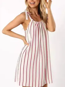 Summer sleeveless white and red striped mini dress with cute bow shoulder straps for women