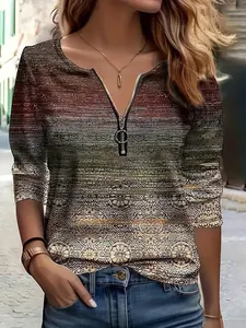 Women's casual gradient polo top with zipper neck and vintage patterns