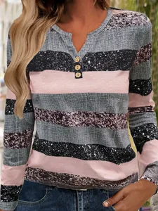 Lässiges langärmeliges V-Ausschnitt gestreiftes Damen-T-Shirt mit rosa und schwarzen Mustern